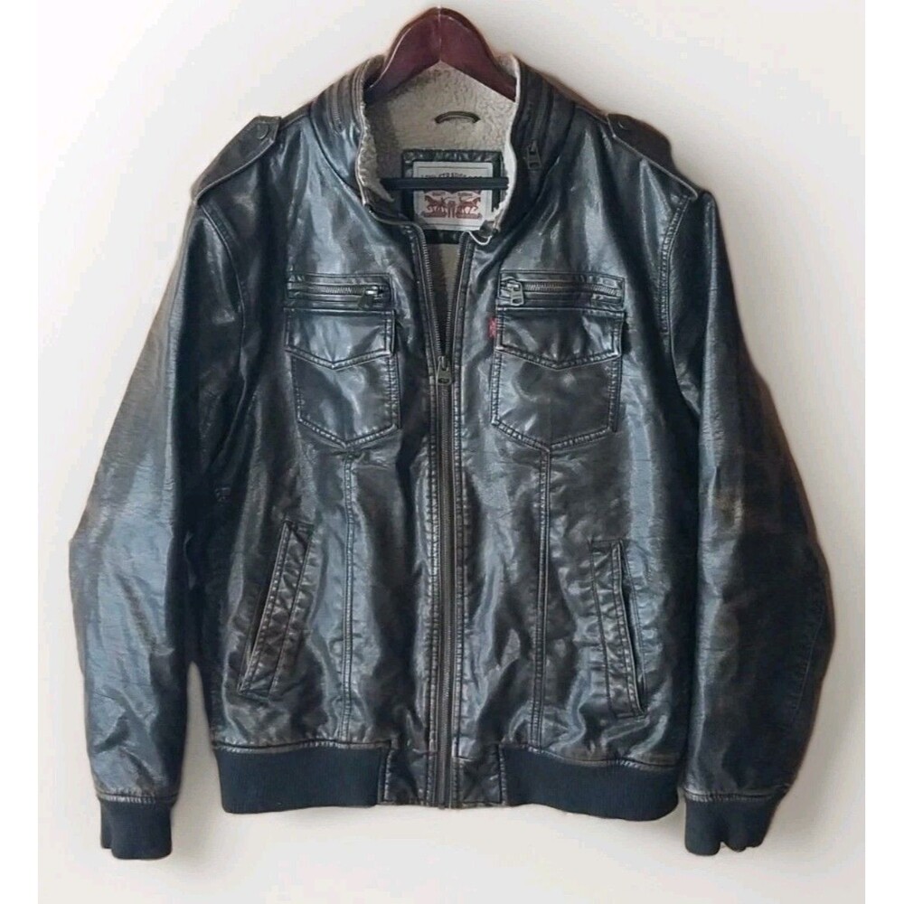 Levi Strauss Mens Brown Faux Leather Sherpa Lined Aviator Bomber Jacket Large